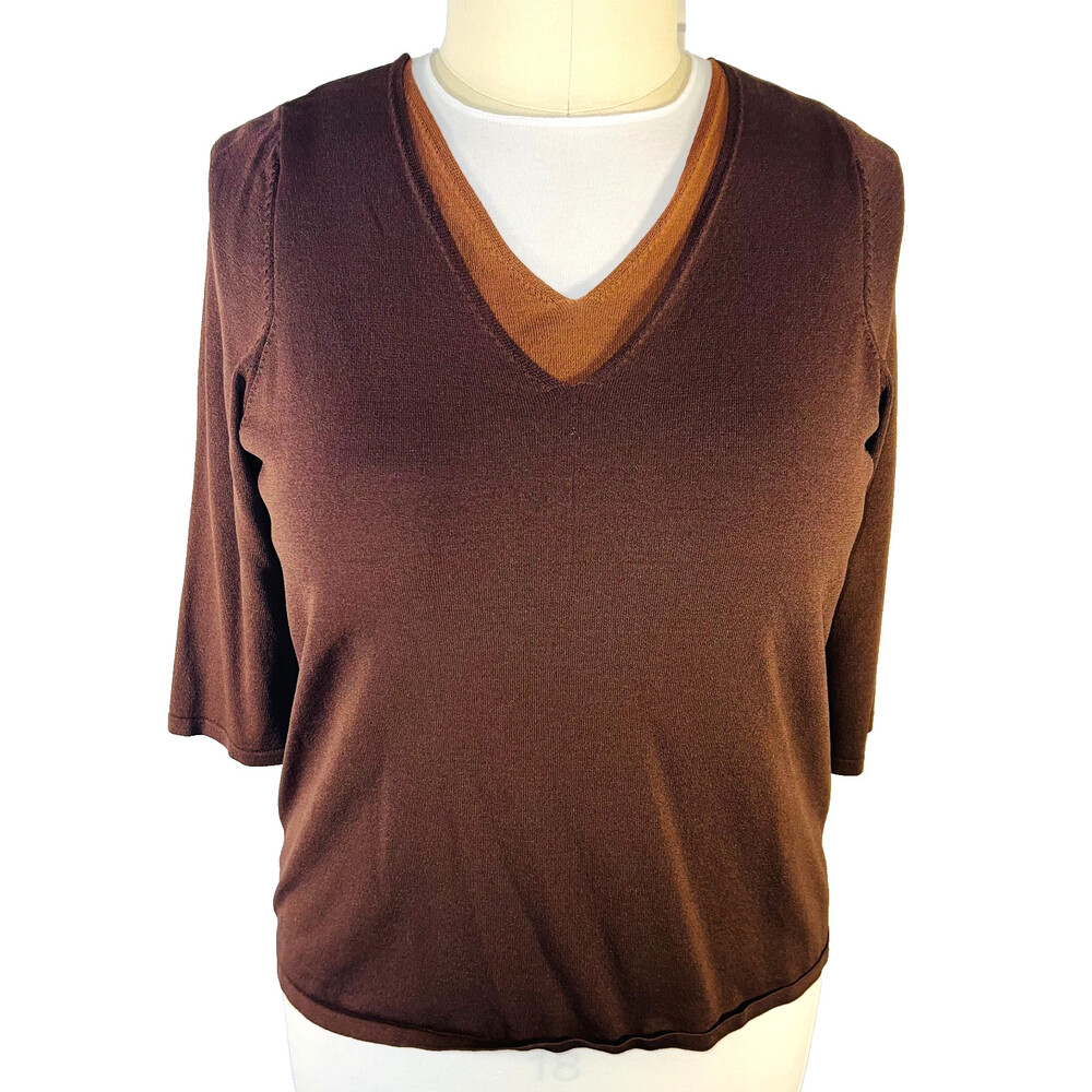 Maggie Barnes Blouse Women's 0X 14/16 Solid Brown Tan Knit V-Neck 3/4 Sleeve